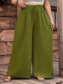 SHEIN CURVE+ Curve 尺码 US22 音乐节、海滨度假、波西米亚风女士黑色口袋抽绳腰带休闲宽松阔腿裤碎花裤，女士秋季服装 - 軍綠色 - 查看 4