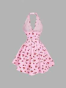 SHEIN MOD Women's Ruched Waist Cherry Print Halter Neck Dress - Baby Pink - View 6
