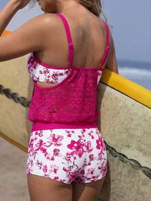 Swim Lushoire 女士两件套印花随机款式背心式泳衣套装，上衣带网眼收腹设计，搭配短裤。 - 彩色 - 查看 2