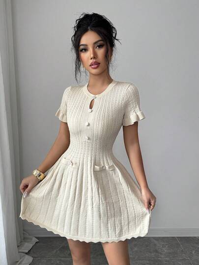 Elenzga 夏季法式优雅通勤镂空复古荷叶边短袖露脐珍珠纽扣针织荷叶边迷你连衣裙