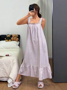 Floral Ruffle Hem Bow Tie Romantic Women Loose Long Nightgown - Baby Pink - View 3