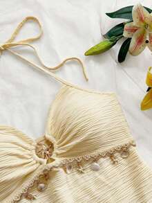 Soleia 春夏新款休闲度假西部海滩婚礼宾客着装毕业早午餐圣帕特里克节春假复活节音乐节优雅波西米亚热带露背纹理针织金属装饰A字吊带迷你连衣裙女装 - 淡黃色 - 查看 3