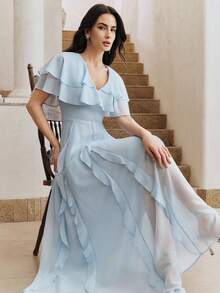 Anewsta 女士新款优雅蓝色多层裹身连衣裙，收腰设计，飘逸下摆，长款连衣裙，适合派对和度假穿着 - 藍色 - 查看 6