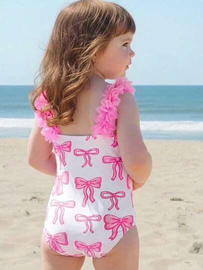 LMoss Kids Baby Girl 3D Floral Decor Bow Print Beach Romper Swimsuit