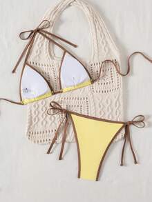 Swim Mod Bộ bikini gợi cảm buộc dây cổ phối màu tương phản dành cho nữ, thích hợp mặc đi biển mùa hè. - Màu vàng - Xem 2
