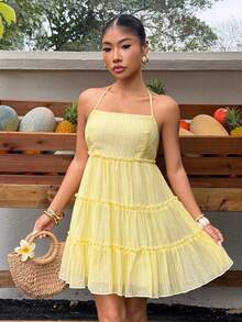 Sunnyshic 黄色泡泡褶皱面料吊带露背多层荷叶边下摆娃娃迷你连衣裙，女士春夏度假波西米亚浪漫可爱优雅简约百搭休闲鸡尾酒会礼服 - 黃色 - 查看 4