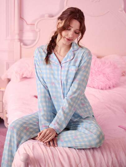 2pcs Plaid Bow Print Pajama Set, Long Sleeve Lapel Top And Bowknot Pants, Women Sleepwear Loungewear, Autumn/Winter, Fall Clothes