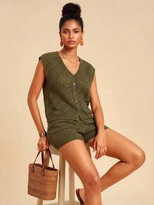 Travachic Women's Olive Green Casual Knitwear Sleeveless V Neck Rib-Knit Top And Shorts Co-Ord Set - Olive Green - View 7