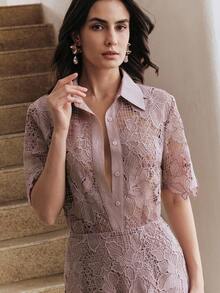Anewsta 女士镂空蕾丝边单排扣休闲百搭日常衬衫 - 紫色 - 查看 4