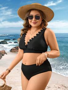Swim Lushoire Plus Size Women Deep V-Neck Petal Soft Solid Color Bikini Top - Black - View 4