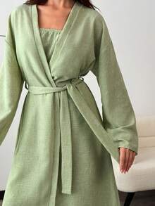 Natural Linen Textured Flowy Co-Ord Set, Relaxed Silhouette Top & Wide Leg Pants With Soft Draped Fabric Feel, Summer Look, Breathable Cotton Fabric - Lime Green - View 7