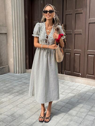 Pariaura Women's Retro Striped Textured V-Neck Cinched Waist Midi Dress, Petal Sleeve, French Countryside Style