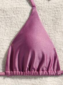 Swim Vcay 2026春夏紫色亮面细肩带侧高衩系带比基尼两件套泳衣套装（女款） - 紫色 - 查看 3