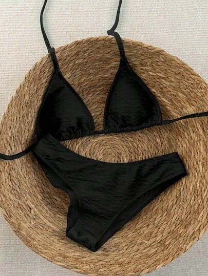 Swim Mod 2026 Spring/Summer Women's Spaghetti Strap Halter Neck Black Base White Polka Dot Random Print Sweet Cute Side High Cut Bikini Swimwear 2-Piece Set Bikini Set Black Textured Bikini Swimsuits For Woman Black String Bikini Set