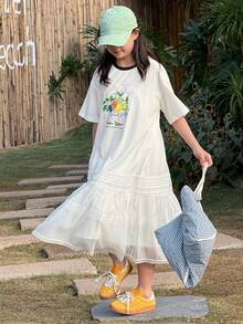 DAZY Tween Girl Round Neck Letter & Fruit Print Casual Vacation Daily Wear Short Sleeve Dress - White - View 3