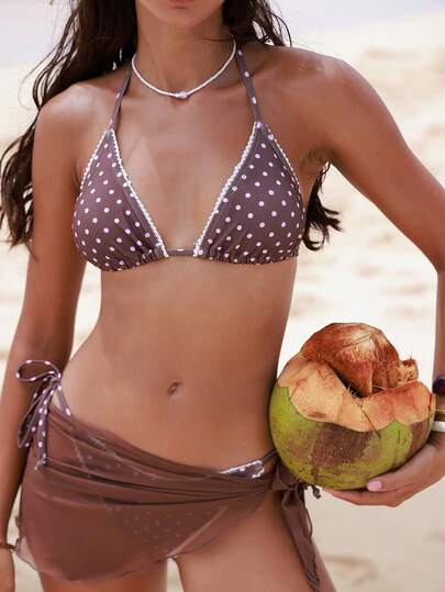 Bonvoyette 女士性感复古沙滩度假波点印花蕾丝拼接露背系带比基尼套装，含薄纱罩衫和迷你裙三件套