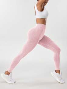 Slayform Slayform 1pc Washed Lotus Root Powder Color Sports Leggings,Tight-Fitting V-Waist Long Pants,Seamless Knit High Elasticity Comfortable Yoga Fitness Casual - Dusty Pink - View 4