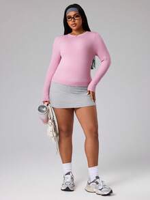 SHEIN Sports Plus Size Women Striped Textured Long Sleeve Activewear - Dusty Pink - View 6