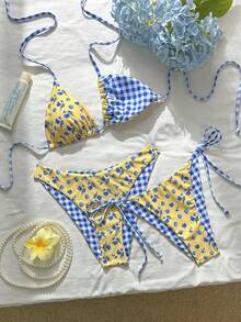 Swim Mod 3件套女士碎花吊带比基尼套装+沙滩裙，甜美度假成熟复古浪漫优雅风格，夏季海滩泳池派对 - 黃色 - 查看 2