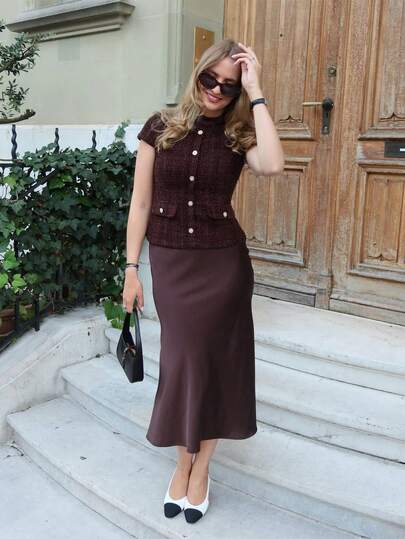 ORNATELLA 女士优雅咖啡色连衣裙，粗花呢和缎子拼接，鱼尾下摆，夏季新品