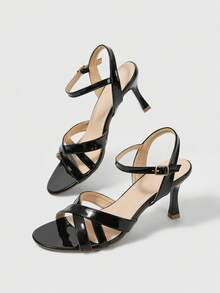 Sleekvia Women Shoes Classic Fashion Simple Burgundy Patent Leather Stiletto High-Heeled Sandals, Strap Combination Commuting Versatile Half-Drag High-Heeled Shoes Sexy And Elegant Wear - Black - View 5