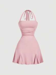 SHEIN MOD Women's Summer Elegant Dusty Mauve Solid Ruched Tie-Waist Halter Mini Dress,Cottagecore French Style Milkmaid One Piece For Dates,Party,Vacation Wear - Pink - View 3
