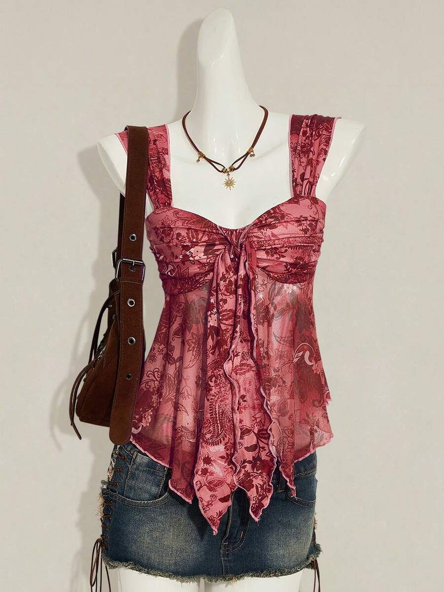 SHEIN ICON Áo tank top nữ in họa tiết cổ điển, viền lưới bất đối xứng - Màu Đỏ Sâu - Xem 1