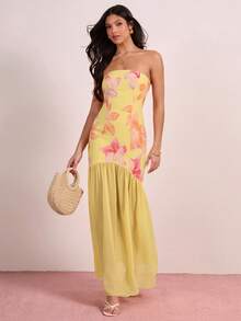 Enchnt French Style Printed Yellow Strapless Cinched Waist Dress - Yellow - View 1
