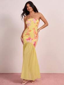 Enchnt French Style Printed Yellow Strapless Cinched Waist Dress - Yellow - View 6