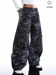 LYSMO 女士工装口袋迷彩阔腿宽松休闲裤 - 軍綠色 - 查看 3