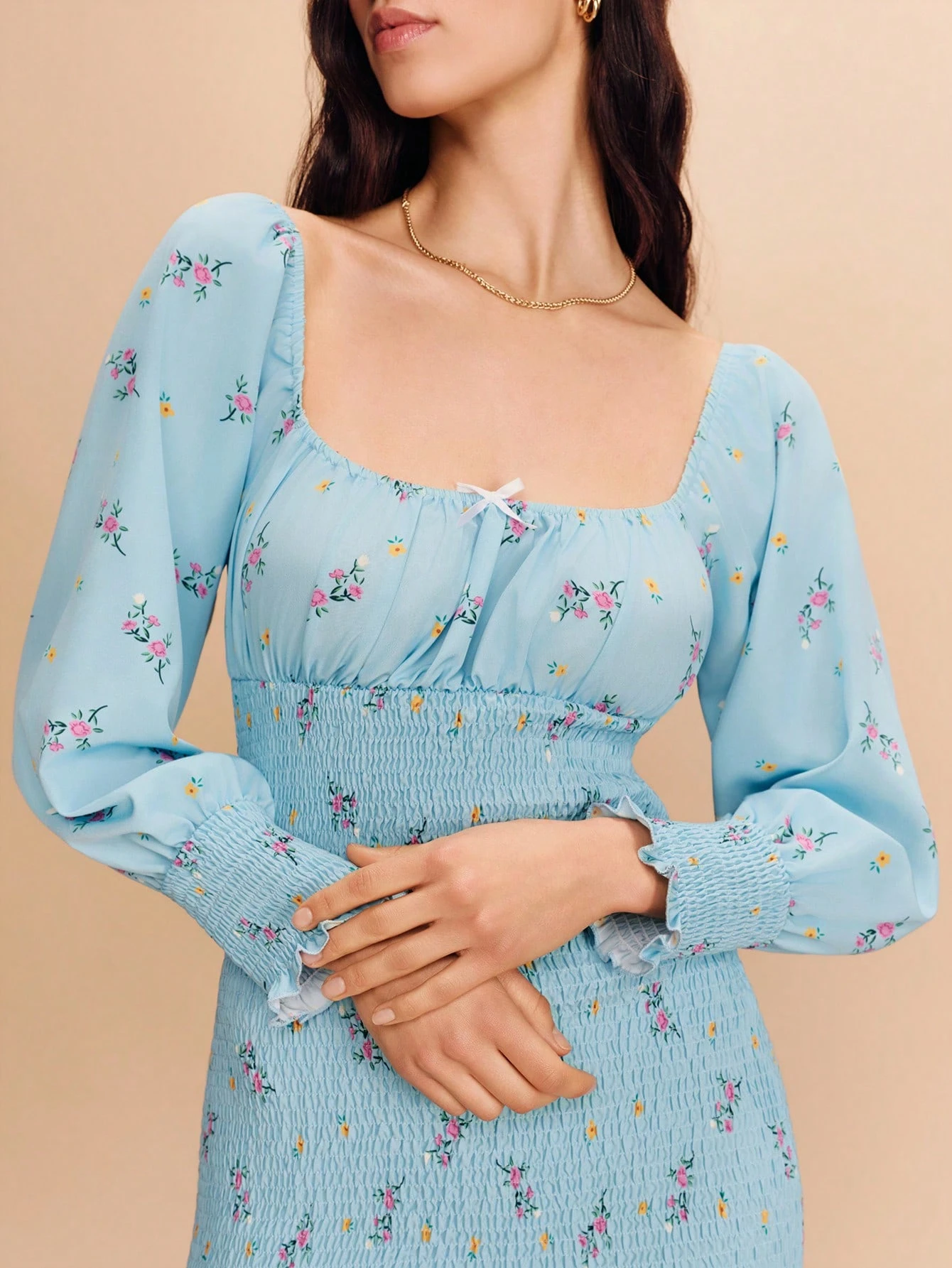 Short Smocked Dress With Blue Floral Print, Featuring A Square Neckline And Lace Details Cute Spring Summer French Style Parisian Style Going Out Birthday Dress