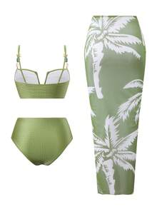 Swim Oasis 春夏三件套：提花针织吊带背心、泳裤和长款数码印花网纱裙，女士沙滩度假泳装休闲优雅套装 - 綠色 - 查看 2