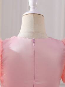 SHEIN Glamorique Kids 小女孩粉色3D荷叶边薄纱泡泡袖蝴蝶结公主裙，适合花童、生日派对、婚礼、节日、舞会等场合。 - 藕粉色 - 查看 3