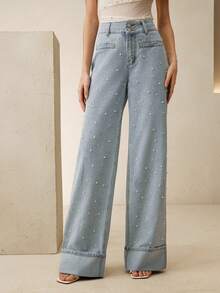 Anewsta Women's Fashionable Glamorous White Pearl Romantic Valentine's Day Party Vacation Blue Straight Leg Cuffed Jeans - Blue - View 1