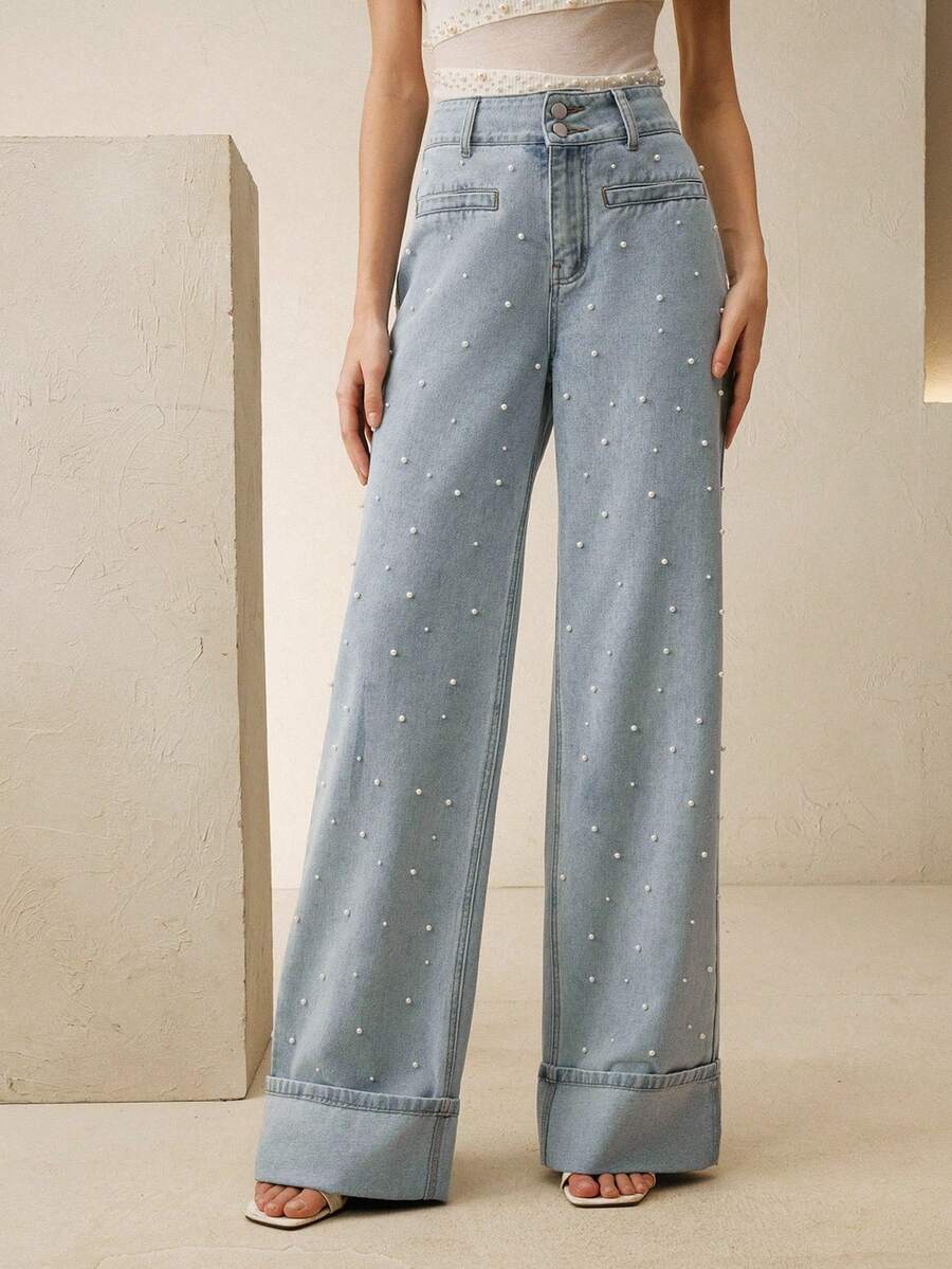 Anewsta Women's Fashionable Glamorous White Pearl Romantic Valentine's Day Party Vacation Blue Straight Leg Cuffed Jeans - Blue - View 1