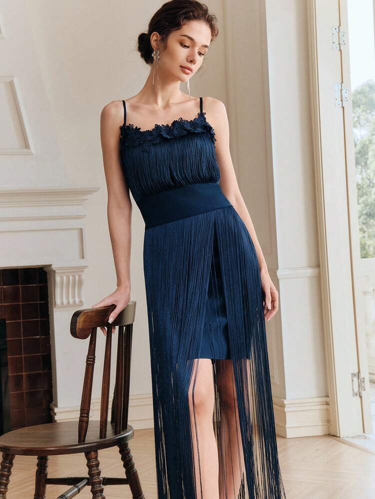 Women's New Spring/Summer Navy Blue Lace Floral Tassel Spaghetti Strap Elegant Party Dress, Suitable For Vacation, Ball, And Events Navy Blue Elegant Dress Dark Blue Dress Fringe Dress