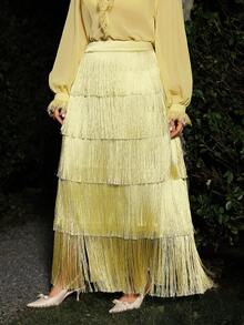 VOLUPTÉ CURVE Plus Size Spring/Summer High Waist A-Line Skirt, Elegant Satin Patchwork With Tassel Hem, Suitable For Work, Party And Daily Wear, Yellow Tassel Skirt - Yellow - View 6