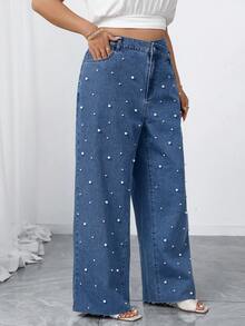 Elenzga Plus Size Women Casual Fashion Street Chic Daily Commute Faux Pearl Decor Overlap Waist Loose Wide Leg Jeans - Medium Wash - View 3