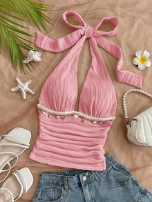 Soleia Women's Solid Color Halter Tie Ruched Sexy Versatile Casual Top,Pink Top - Pink - View 5