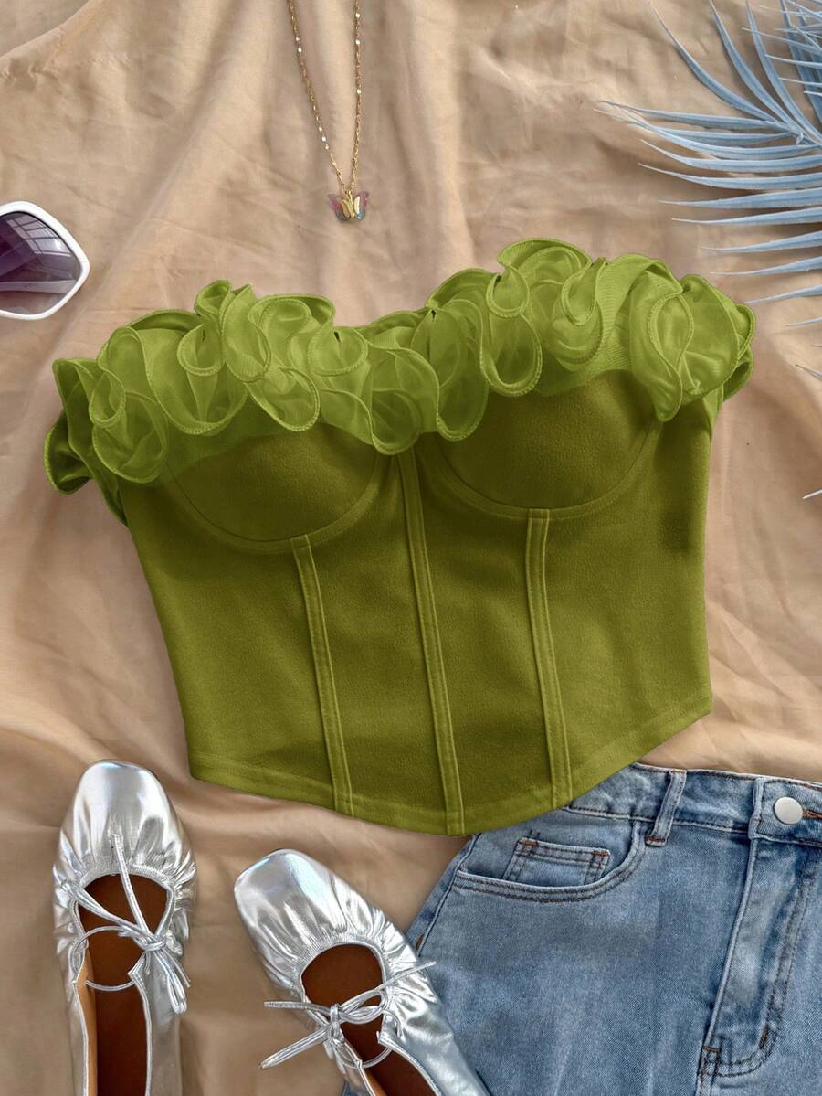 Soleia Blusa ajustada con volantes sin tirantes, romántica y sexy, adecuada para vacaciones, fiestas, citas, San Valentín, tarde de té - Verde - Ver 1