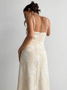 Aloruh 杏色吊带A字连衣裙，浪漫约会/婚礼蕾丝面料优雅长裙，女士 - 杏色 - 查看 3