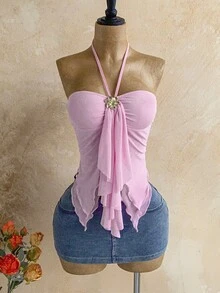 Soleia 女士不对称下摆贝壳装饰项链衬衫，适合海滩度假和夏季穿着 - 粉色 - 查看 6