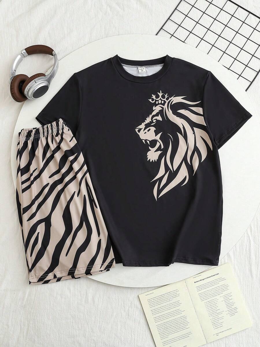 Bộ đồ mặc nhà thường ngày 2 mảnh in hình sư tử đen dành cho bé trai tuổi teen, tay ngắn. - màu đen - Xem 1