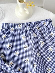 SHEIN Young Girls Blue Daisy Plaid Camisole & Shorts 2pcs Set, Casual Fashion Daily Wear - Blue - View 4