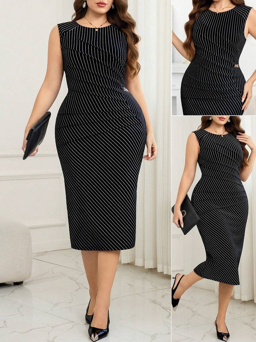 SHEIN Clasi 大码女士条纹圆领褶皱修身优雅连衣裙 - 黑色 - 查看 1