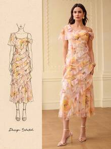 ZEYLAH Floral Print Asymmetric Ruffle Hem Dress - Yellow - View 8