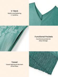 LUVLETTE Women's Breathable Teal Satin Sleep Dress Loose-Fit Midi Dress With Fringe Trim Lightweight Nightwear Gown Pyjama - Green - View 4