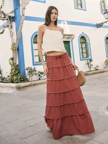 Nöista Rust-Colored Maxi Skirt Features Tiered Layers And A Comfortable Drawstring Waist. Boho-Inspired Looks, Spring, Summer, Festival, . - Rust Brown - View 1