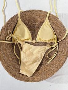Swim Mod Bộ bikini dây mảnh màu vàng, chất liệu vải dệt họa tiết, kiểu buộc dây hai bên, cạp cao, thích hợp cho mùa xuân/hè 2026, ngọt ngào và dễ thương cho kỳ nghỉ. - Màu vàng - Xem 3