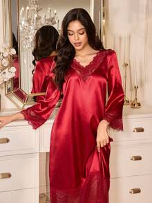 SHEIN Lace Patchwork V-Neck Long Nightgown, Wine Red - Burgundy - View 6